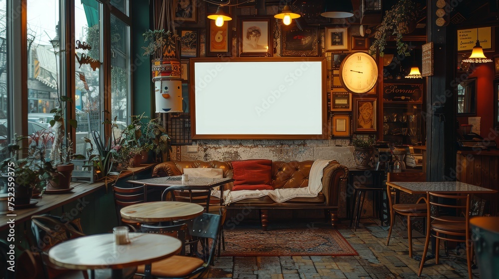 Warm and inviting cafe setting with eclectic decor, featuring a blank whiteboard amidst vintage furniture and decorative plants. Warm and inviting cafe setting with eclectic decor, featuring a blank whiteboard amidst vintage furniture and decorative plants.