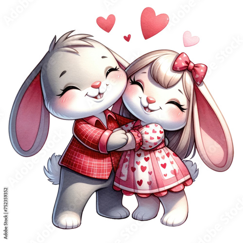 Watercolor cute rabbit couple happy hugging PNG
