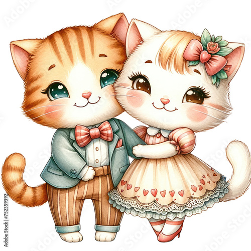 Watercolor cute cat couple happy hugging PNG