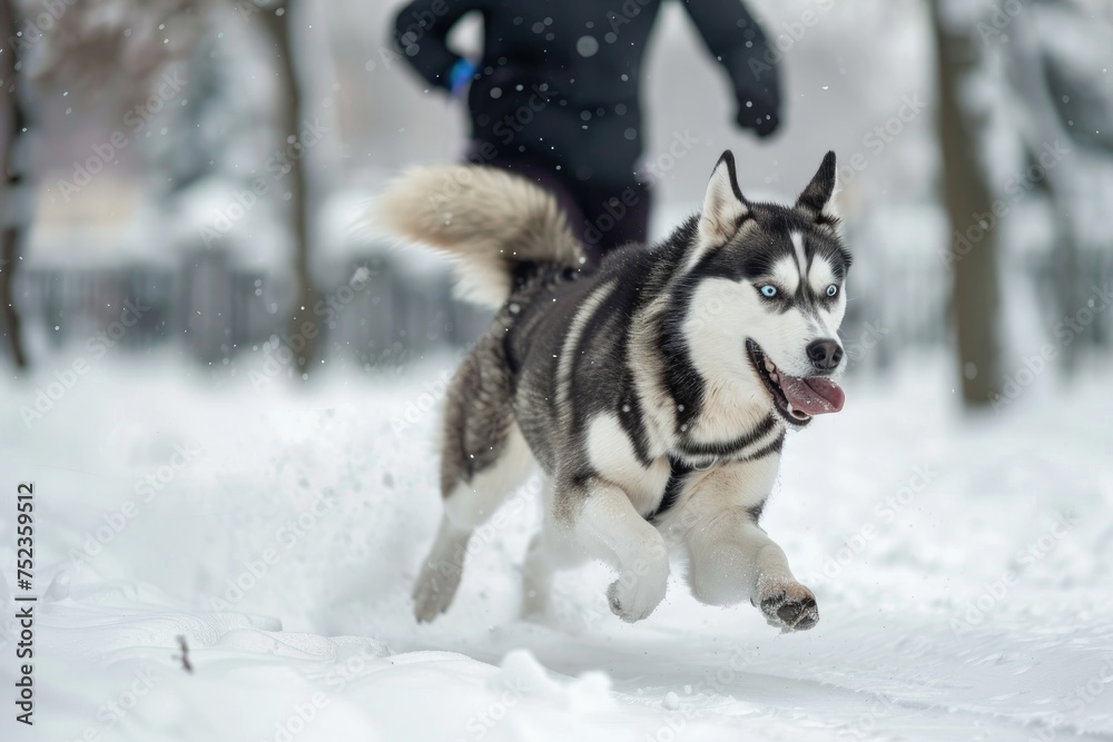 a Siberian Husky running in an snow road. the Siberian Husky is running with his owner.