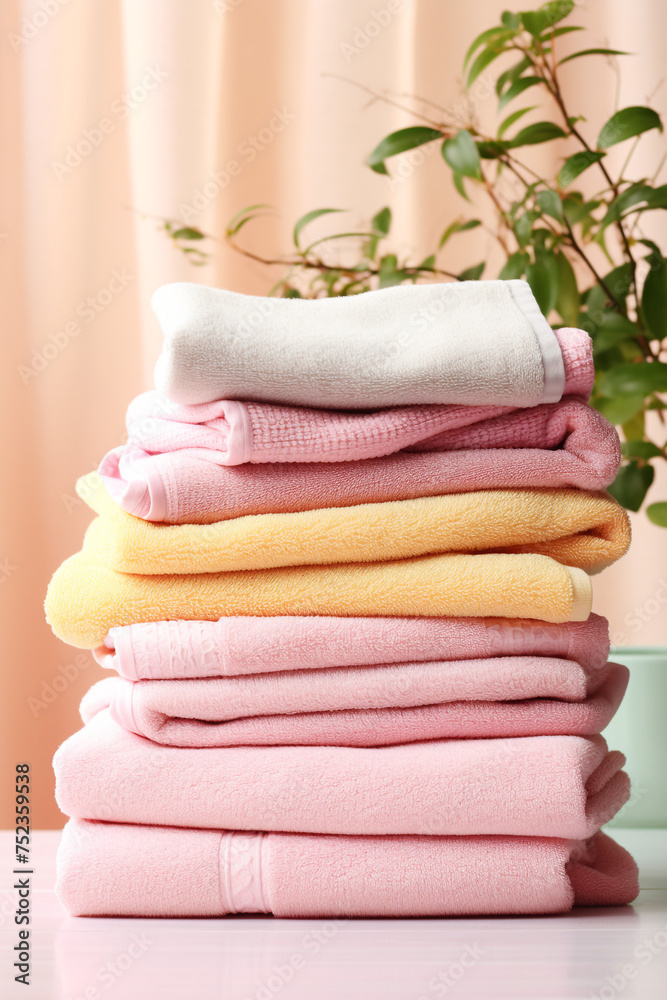 stock photo,Neat stack of folded pastel-colored towels. spring laundry, simple, feminine palette сreated with Generative Ai