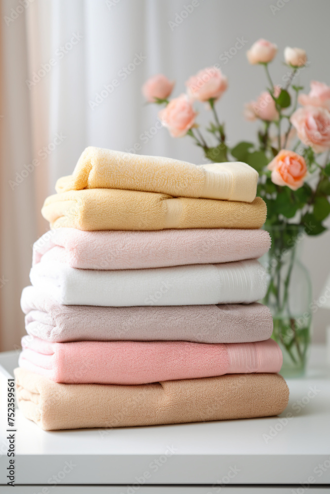 stock photo,Neat stack of folded pastel-colored towels. spring laundry, simple, feminine palette сreated with Generative Ai stock photo,Neat stack of folded pastel-colored towels. spring laundry, simple, feminine palette сreated with Generative Ai