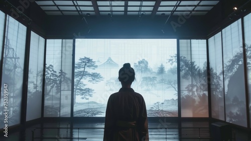 Silhouette of a person admiring an expansive Asian-style ink landscape artwork in a tranquil exhibition setting.