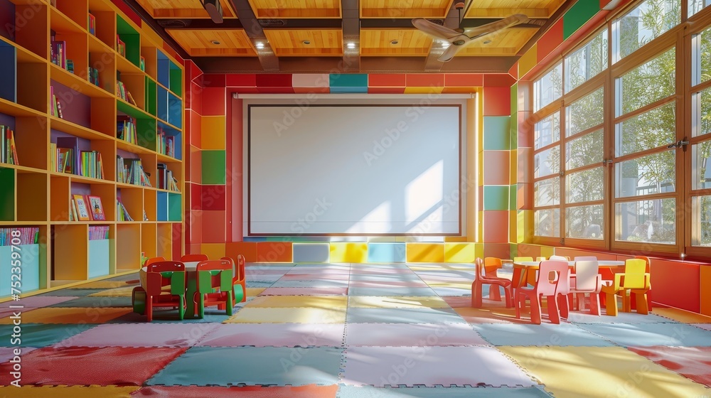 Fototapeta premium A vibrant and colorful children's library room filled with natural light, featuring a large window, colorful shelves, and small chairs.
