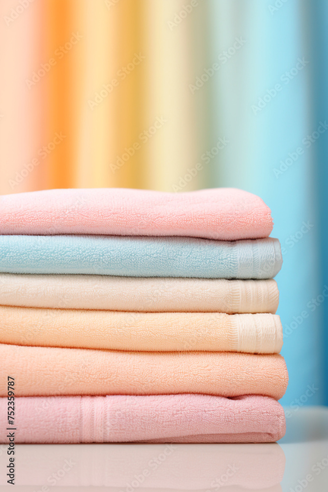 stock photo,Neat stack of folded pastel-colored towels. spring laundry, simple, feminine palette сreated with Generative Ai
