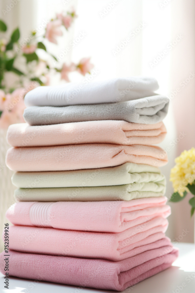 stock photo,Neat stack of folded pastel-colored towels. spring laundry, simple, feminine palette сreated with Generative Ai stock photo,Neat stack of folded pastel-colored towels. spring laundry, simple, feminine palette сreated with Generative Ai