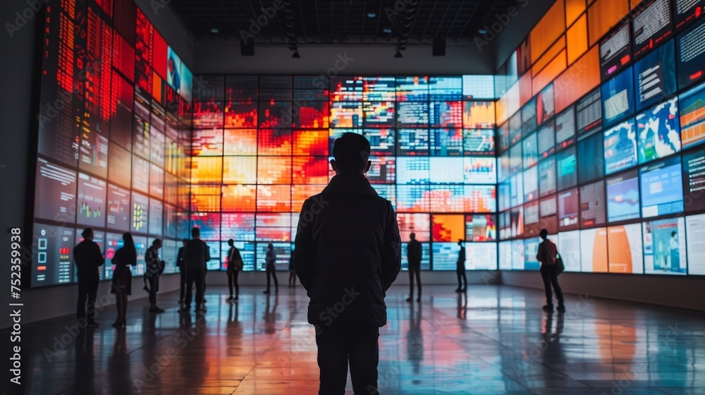 Silhouetted against a vibrant data visualization wall, a man stands centrally, engrossed in the colorful digital information display in a modern exhibit space.