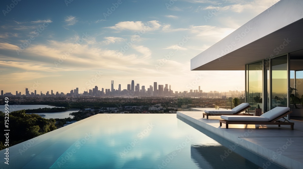 Fototapeta premium Stunning Miami Skyline View: Modern Villa with Private Rooftop Infinity Pool, Florida | Canon RF 50mm f/1.2L USM