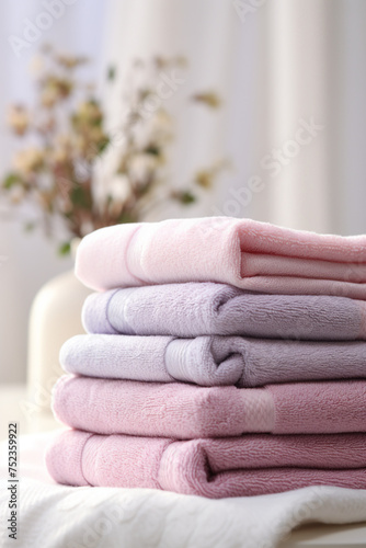 stock photo,Neat stack of folded pastel-colored towels. spring laundry, simple, feminine palette сreated with Generative Ai