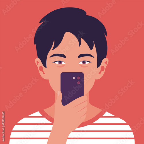 Portrait of an Asian boy with a smartphone. Avatar of a schoolboy. Vector flat illustration