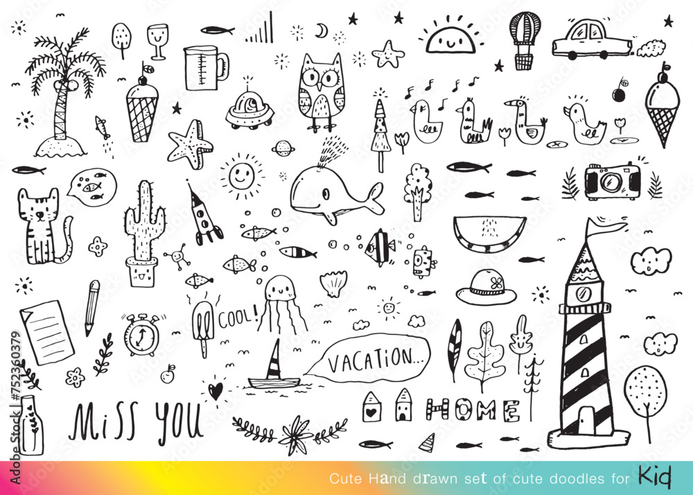 Obraz premium Collection of hand drawn cute doodles,Doodle children drawing,Sketch set of drawings in child style,Funny Doodle Hand Drawn,Page for coloring, cute animal