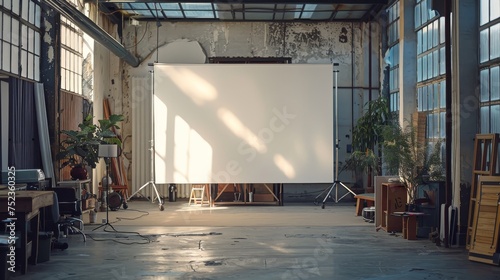 This spacious studio exudes an artistic flair with a large blank projection screen set against the backdrop of a rustic industrial interior bathed in natural sunlight. photo