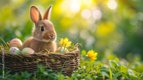 Cute Easter bunny sitting in a basket full of colorful Easter eggs among green grass and flowers, copy space on the right for your text © Kurashova