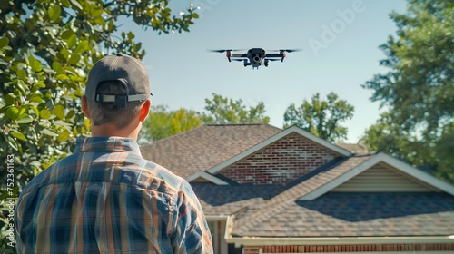 Professional man doing a house flight over mission using a drone to measure and inspect roo photo