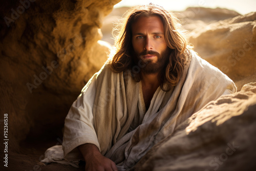 Serene Jesus Christ seated in a cave with radiant sunlight