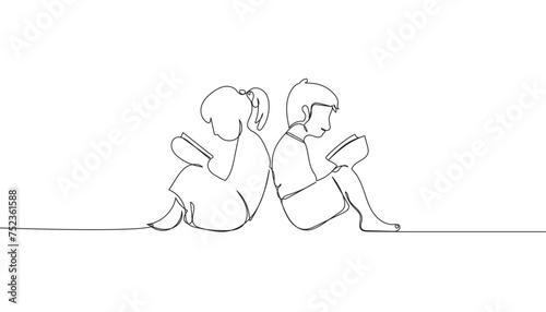 continuous single line drawing of boy and girl are reading a book, line art style vector illustration