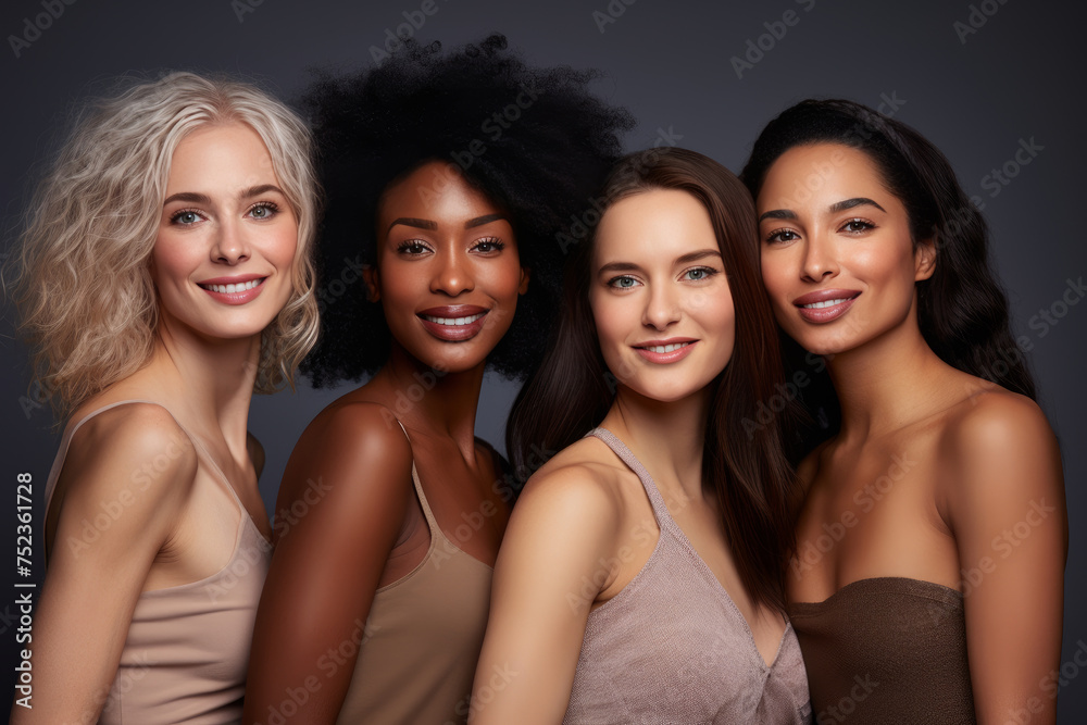 Obraz premium Portrait of four diverse women showcasing beauty and ethnic variety