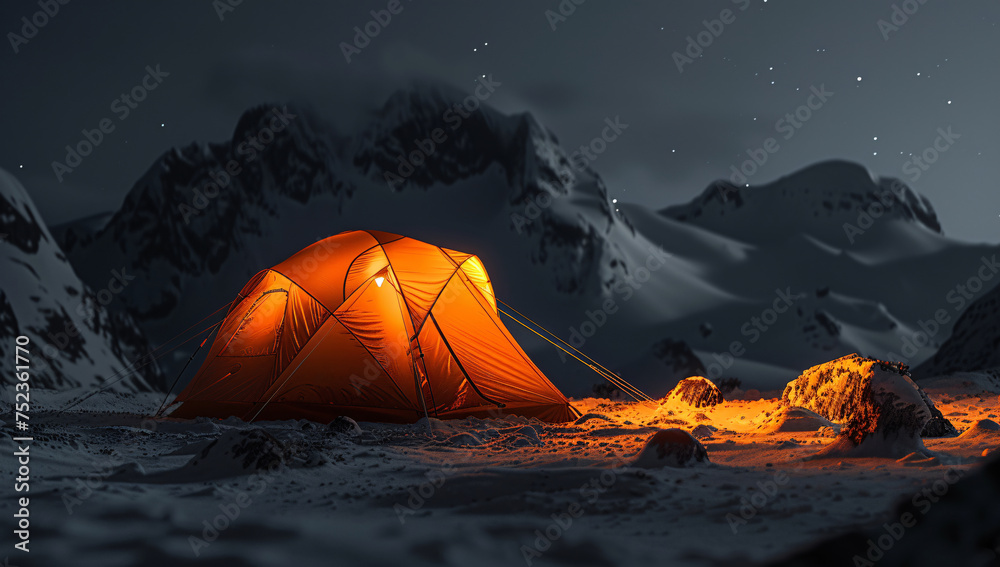 The warm glow of a tent under a blanket of stars conveys adventure, solitude, and the beauty of nature at night