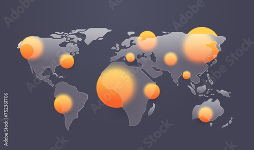 Dark world map glass morphism style. Dark business map transparent glass blur abstract design