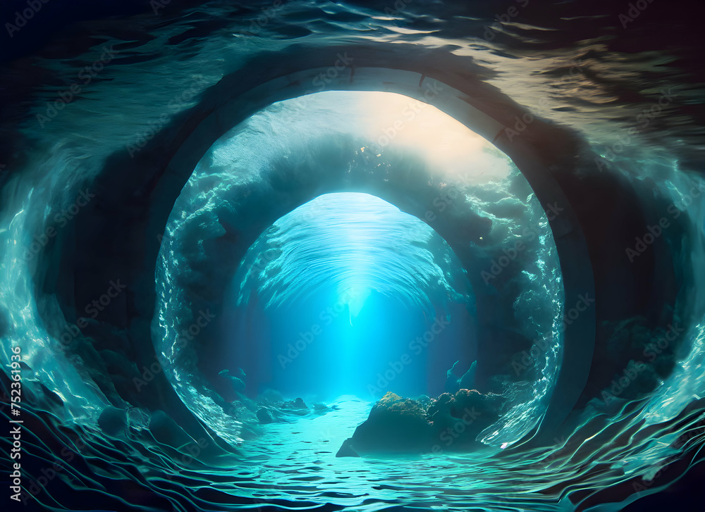 Abstract inside empty tunnel under sea water, light swirling surface on digital art concept.