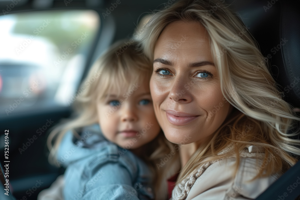Portrait of a middle-aged blonde mother with a child girl in a car, the driver and her little daughter at the wheel. Motherhood lifestyle, parenthood Portrait of a middle-aged blonde mother with a child girl in a car, the driver and her little daughter at the wheel. Motherhood lifestyle, parenthood