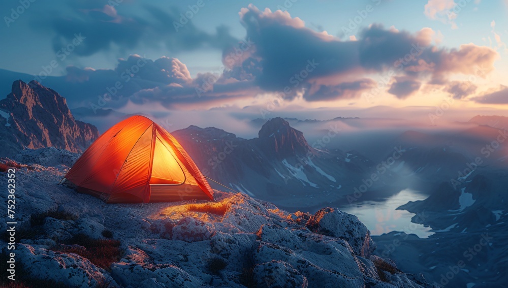 Warm light of a tent contrasts with the cold rugged beauty of twilight in mountains