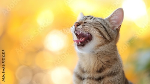 Happy funny excited cat with long ears and wide open mouth on bright background 