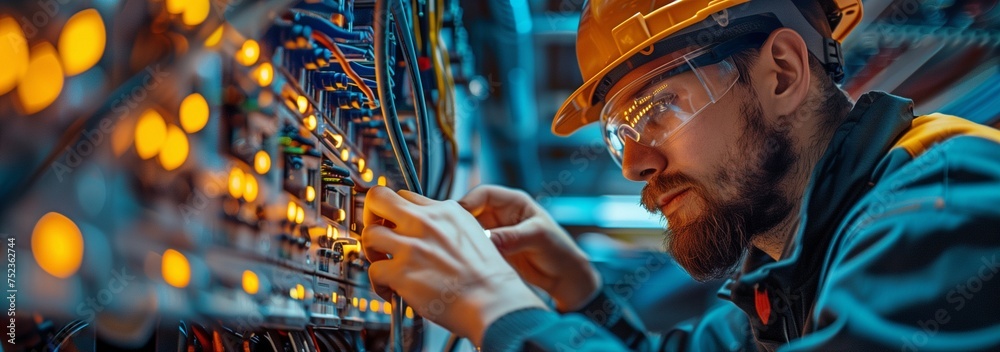 A fibre optic connector is opened by an internet technician in order to maintain or repair a fibre optic connection. - obrazy, fototapety, plakaty 