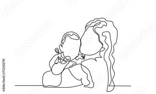 Happy Mother’s Day continuous line drawing of Mom hugging her child. women holding her baby motherhood concept. vector illustration. 