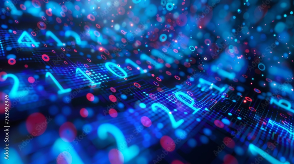 blue digital binary data on computer screen, Neon binary data stream. Flowing digits in a digital background blue digital binary data on computer screen, Neon binary data stream. Flowing digits in a digital background