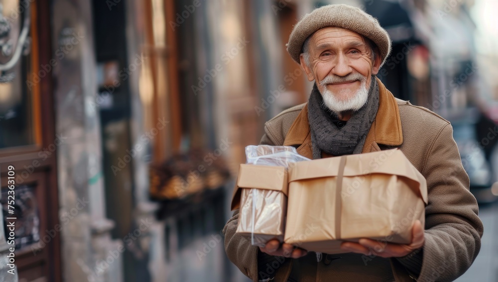 Senior holding packages in front of a street, in the style of rural life depictions, joyful and optimistic