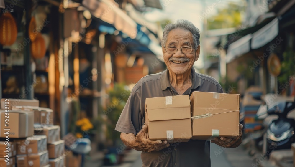 Senior holding packages in front of a street, in the style of rural life depictions, joyful and optimistic Senior holding packages in front of a street, in the style of rural life depictions, joyful and optimistic