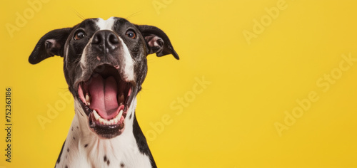 Happy funny excited little dog with long ears and wide open mouth on bright background 