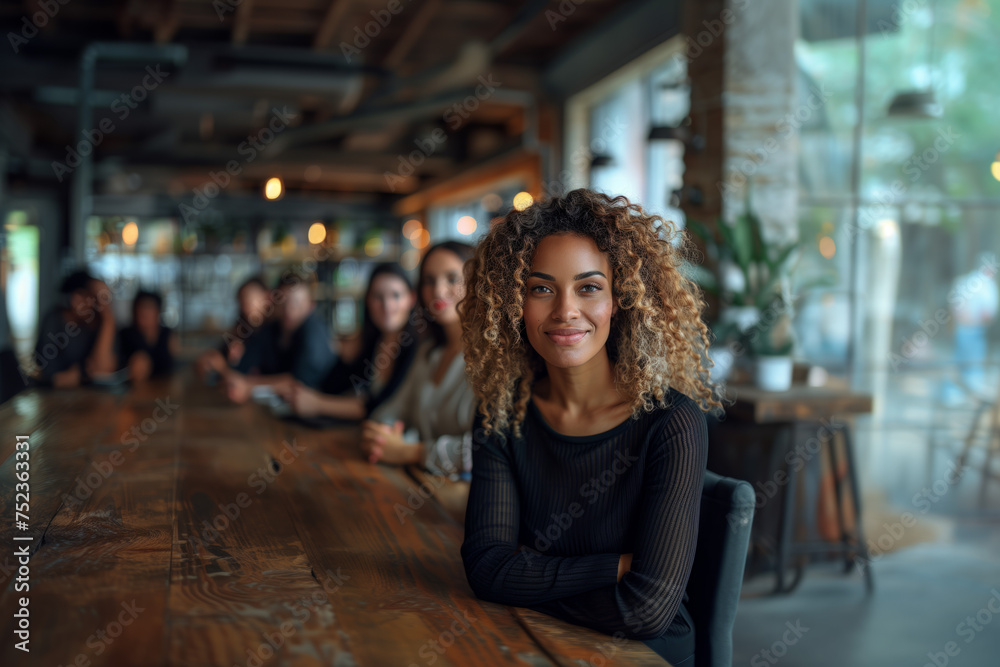 Portrait of a beautiful young businesswoman off center in an office of young colleagues.