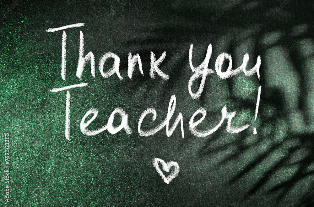Fototapeta premium Thank You Teacher school banner. Teacher Appreciation Week greeting concept. Chalk lettering on black board
