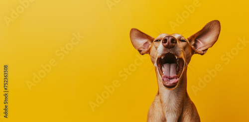 Happy funny excited little dog with long ears and wide open mouth on bright background	
 photo