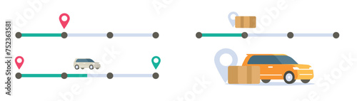 Order delivery tracking status process bar icon vector graphic, online taxi car position location service illustration, auto vehicle postal package parcel shipment progress pin pointer image clipart
