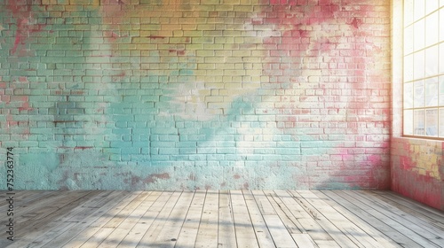 Simple minimalist pastel brick wall and wooden floor with sun rays and shadows from window. Streaked light and window panes.