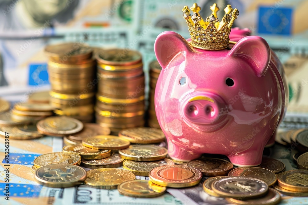 Smiling pink pig piggy bank a small gold crown next to a stack of gold ...