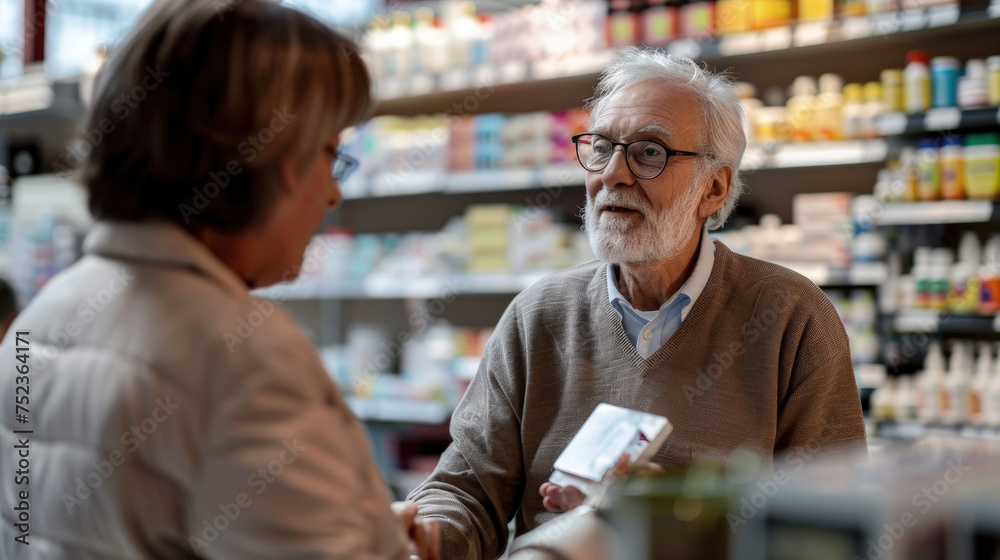 An elderly gentleman discusses medication with a female pharmacy staff member across the counter in a well-stocked pharmacy