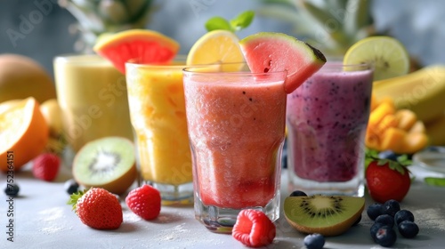 Drink of Tropical Fruit Smoothie, Colorful Glasses of smoothie fruity drink