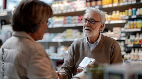 An elderly gentleman discusses medication with a female pharmacy staff member across the counter in a well-stocked pharmacy