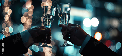 Two individuals are holding wine glasses, possibly in a toast or celebration. The focus is on the hands and glasses