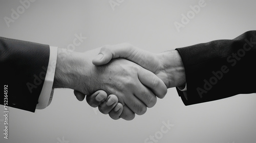 Monochromatic image showing two men dressed in formal attire shaking hands in a classic black and white setting