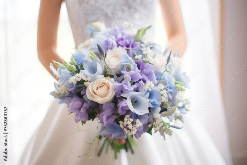 A shot capturing the bride's bouquet alongside her elegant periwinkle gown wedding, simple composition сreated with Generative Ai A shot capturing the bride's bouquet alongside her elegant periwinkle gown wedding, simple composition сreated with Generative Ai