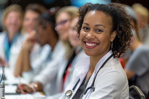 Stock photo of medical professionals attending a healthcare conference focusing on continuing education and collaboration