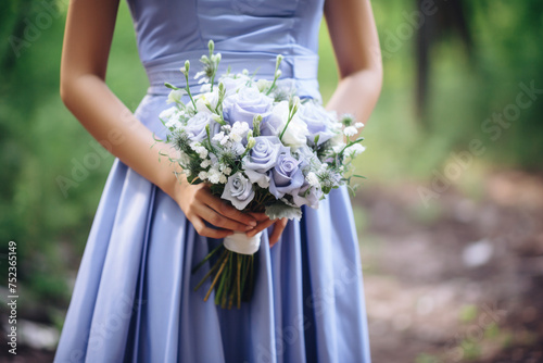 A shot capturing the bride's bouquet alongside her elegant periwinkle gown wedding, simple composition сreated with Generative Ai