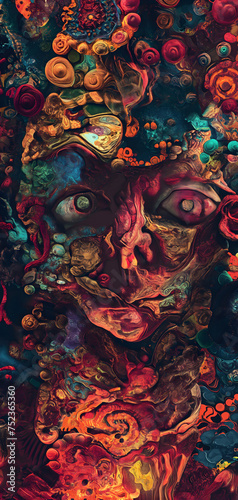 Saturated colorful mad abstract background, random different shapes and objects, hallucinations of ancient shaman after mushroom overdose. Neural network generated image. Not based on any actual scene