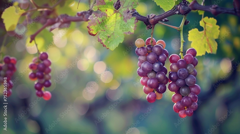 Hanging burgundy grapes on a bokeh background. Nature and fruit concept. Macro shot for wallpaper, poster, banner, card