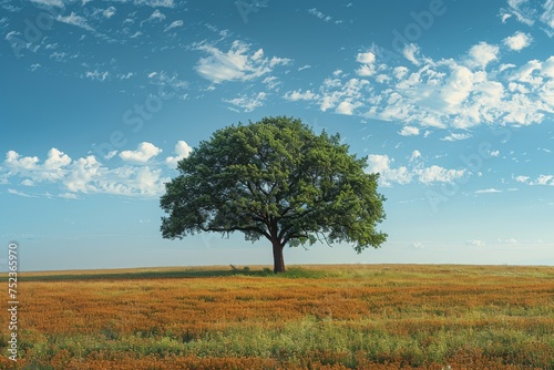 A solitary tree with lush foliage dominates an orange meadow under a clear blue sky  evoking solitude
